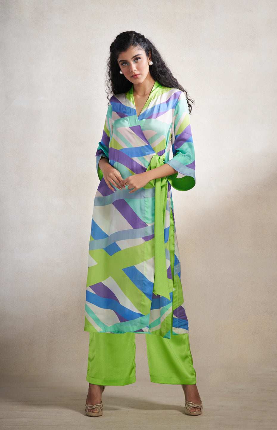 Green & Grey Abstract Wrap Dress