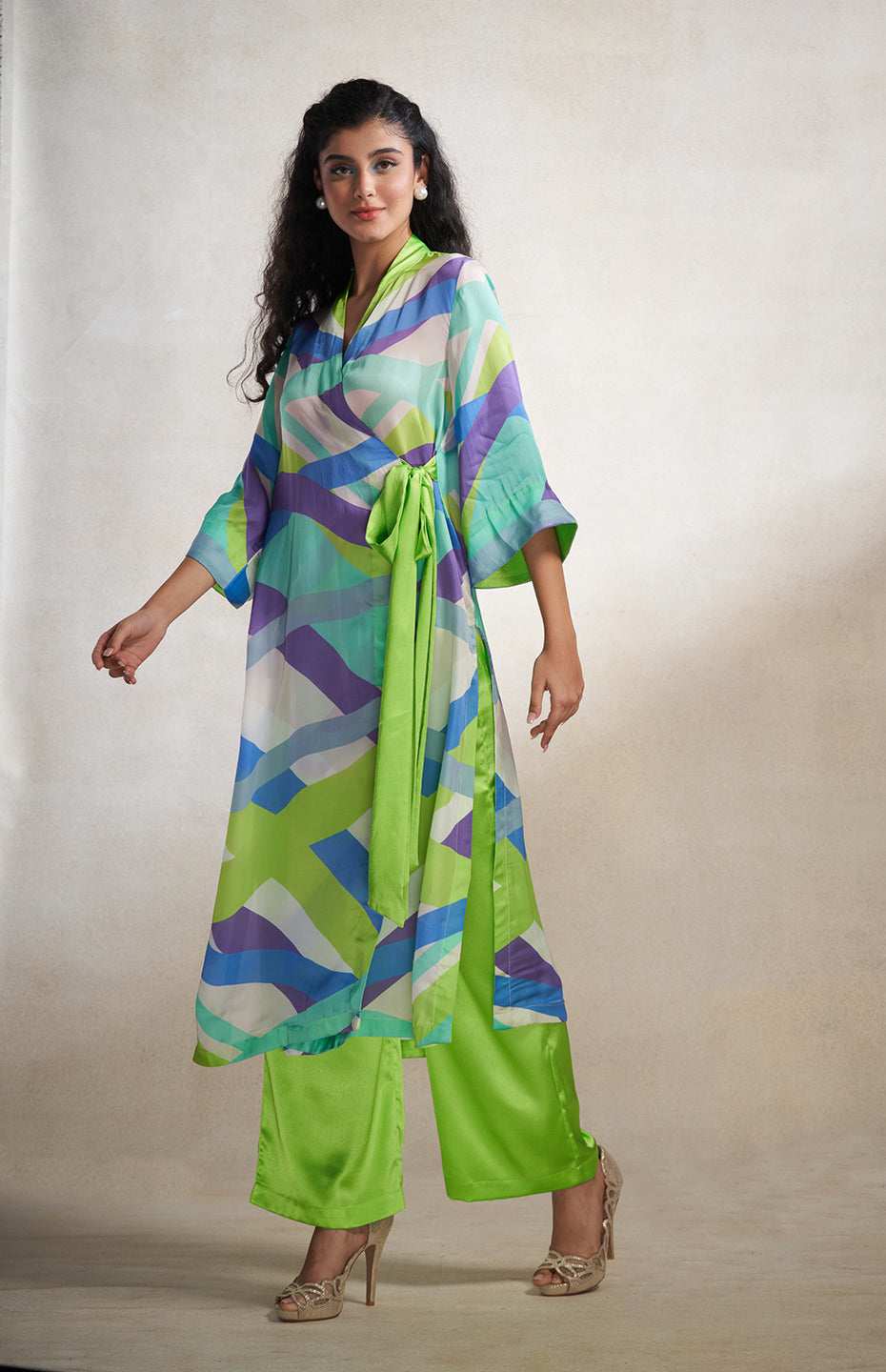 Green & Grey Abstract Wrap Dress