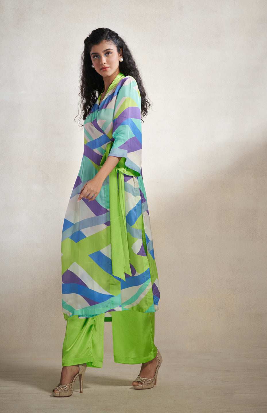 Green & Grey Abstract Wrap Dress