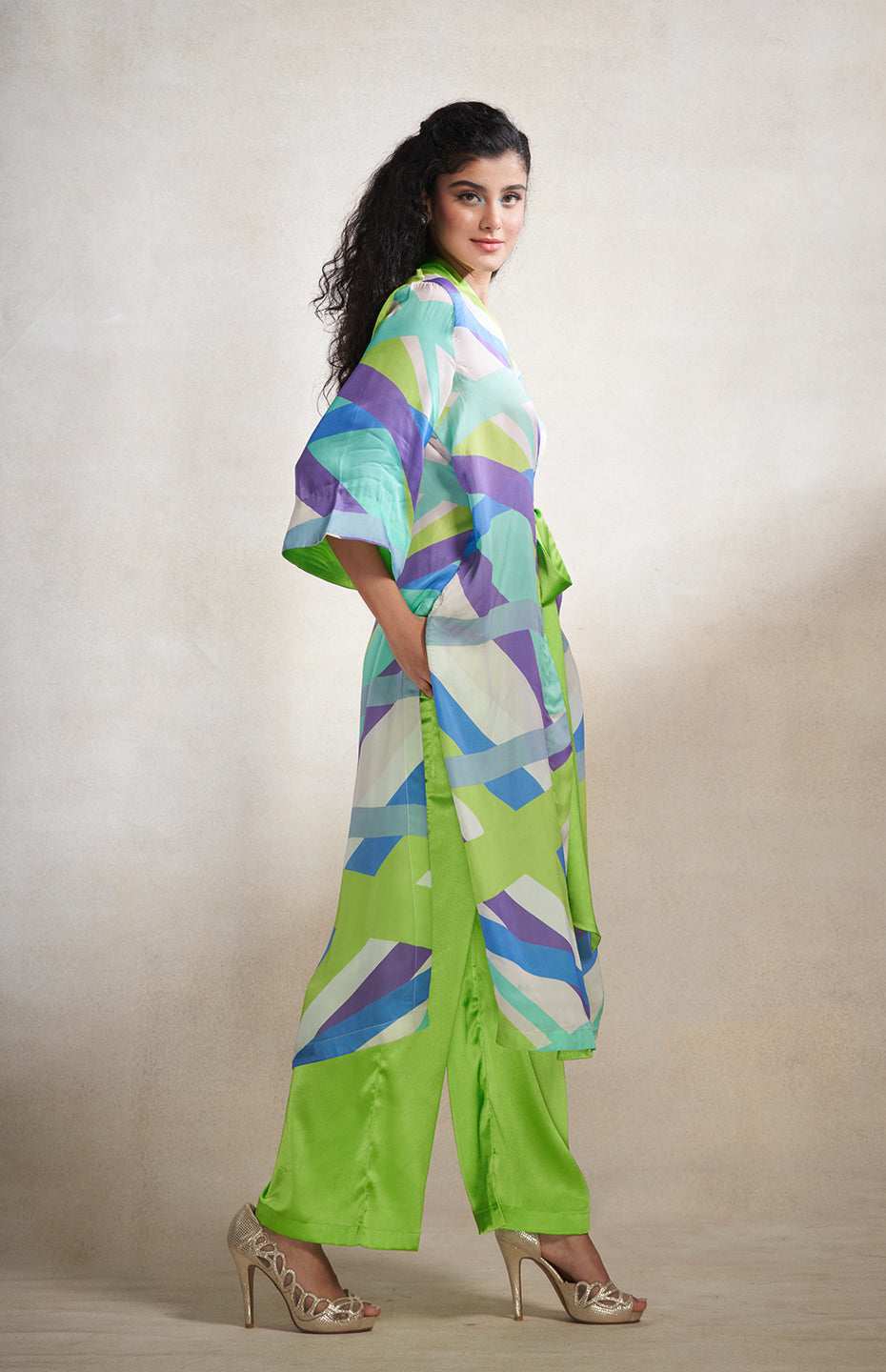 Green & Grey Abstract Wrap Dress