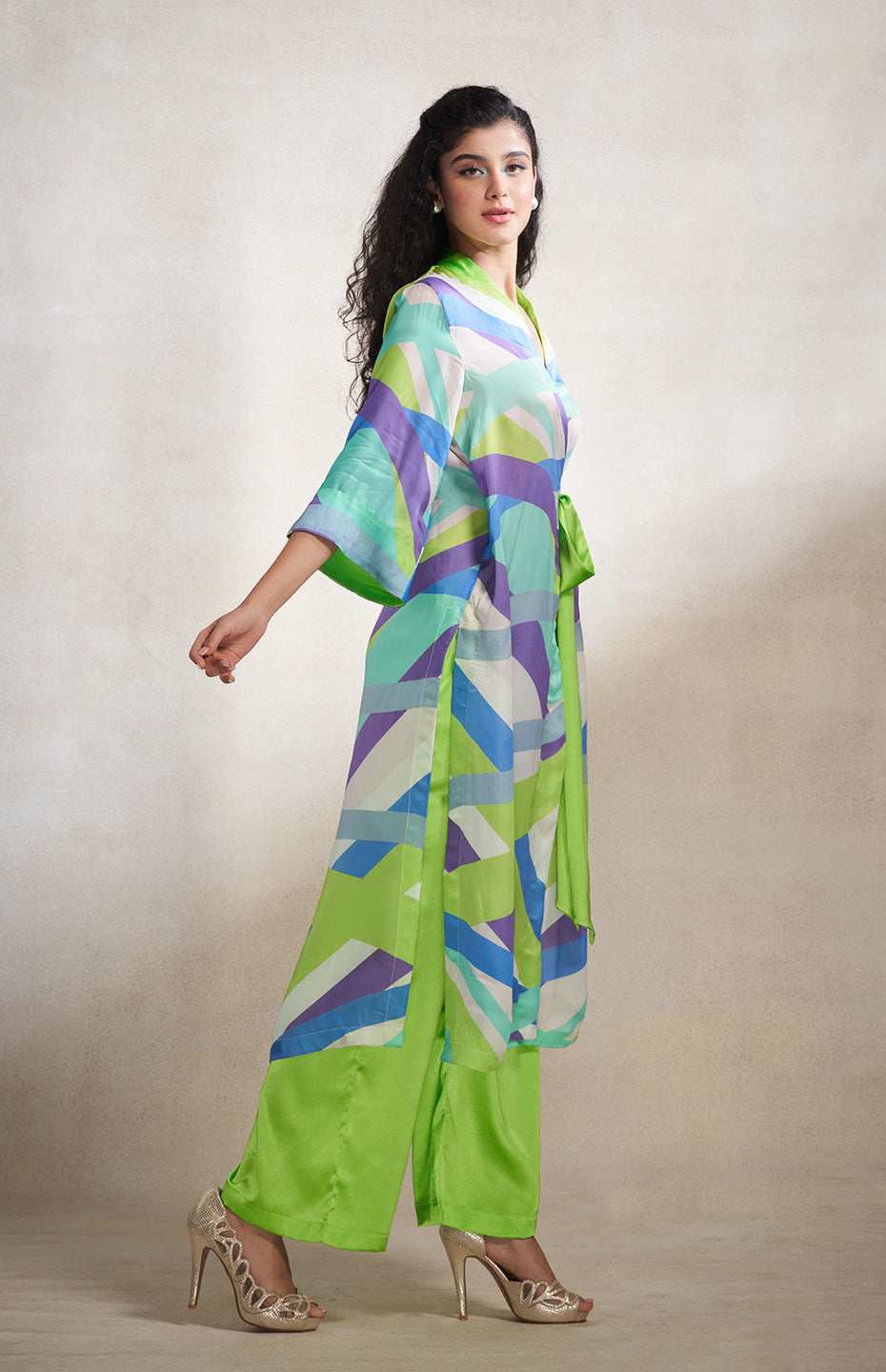 Green & Grey Abstract Wrap Dress
