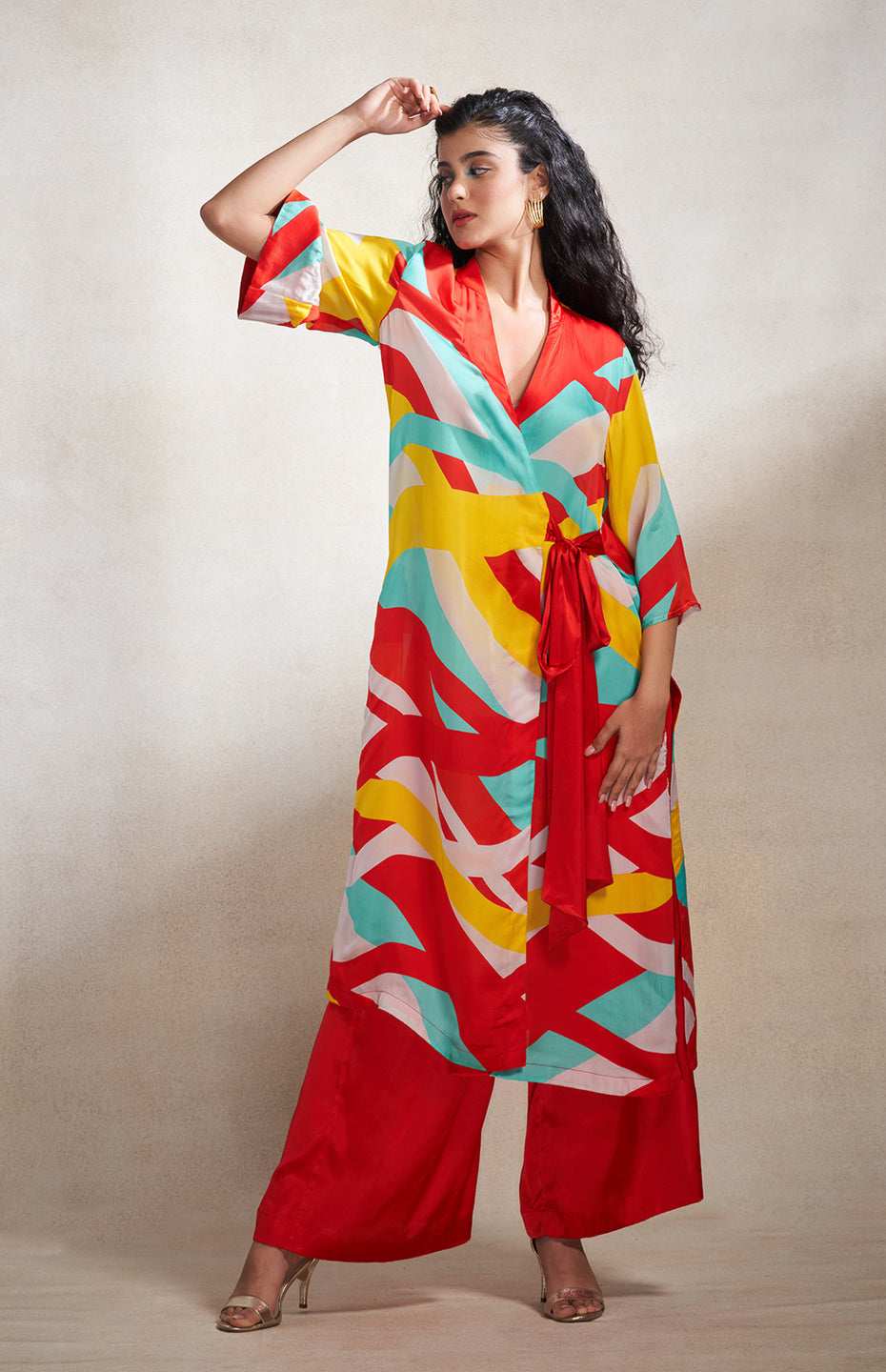 Red & Blue Abstract Wrap Dress