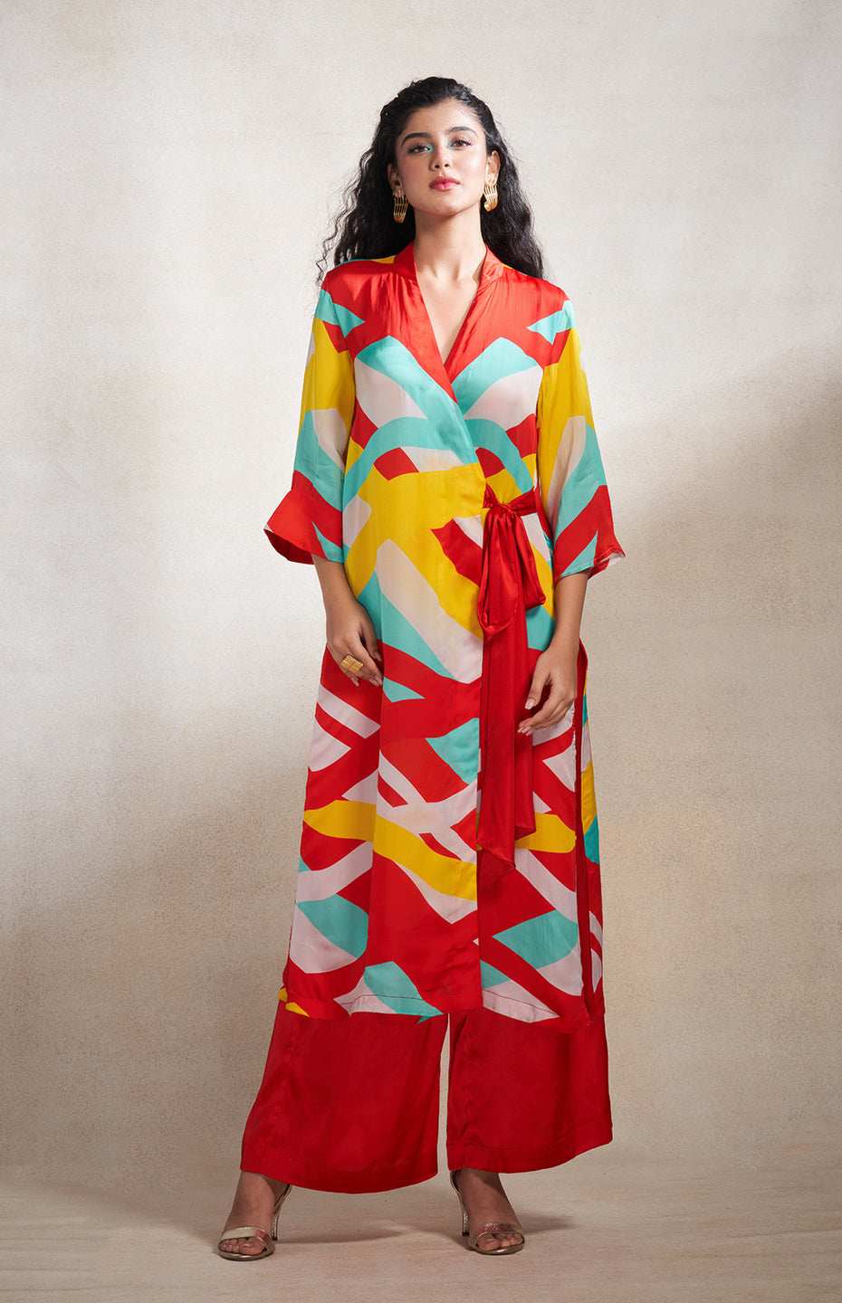Red & Blue Abstract Wrap Dress