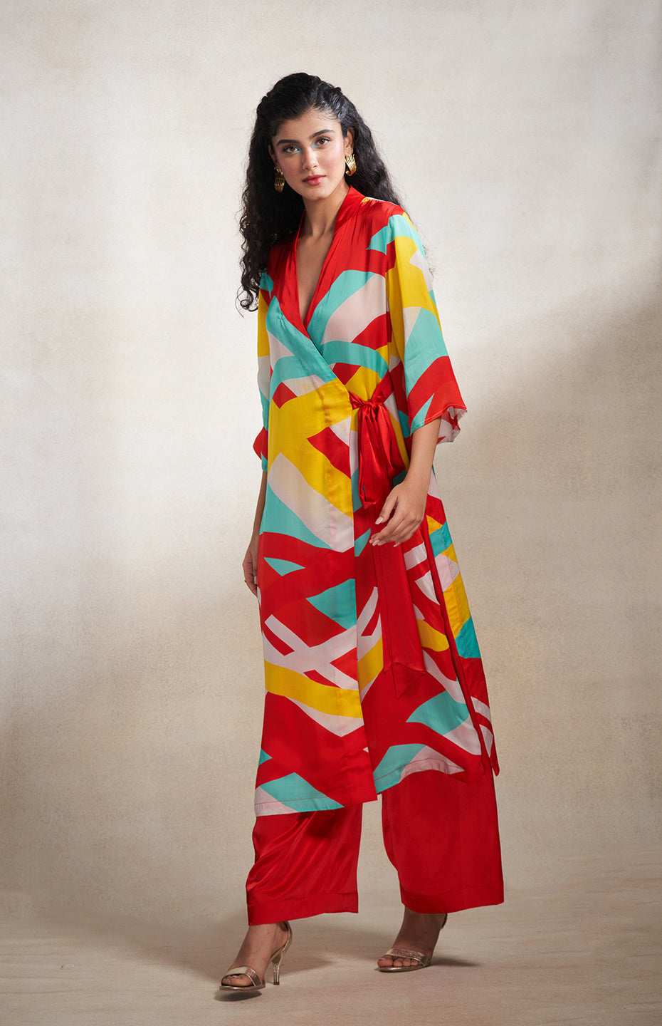 Red & Blue Abstract Wrap Dress