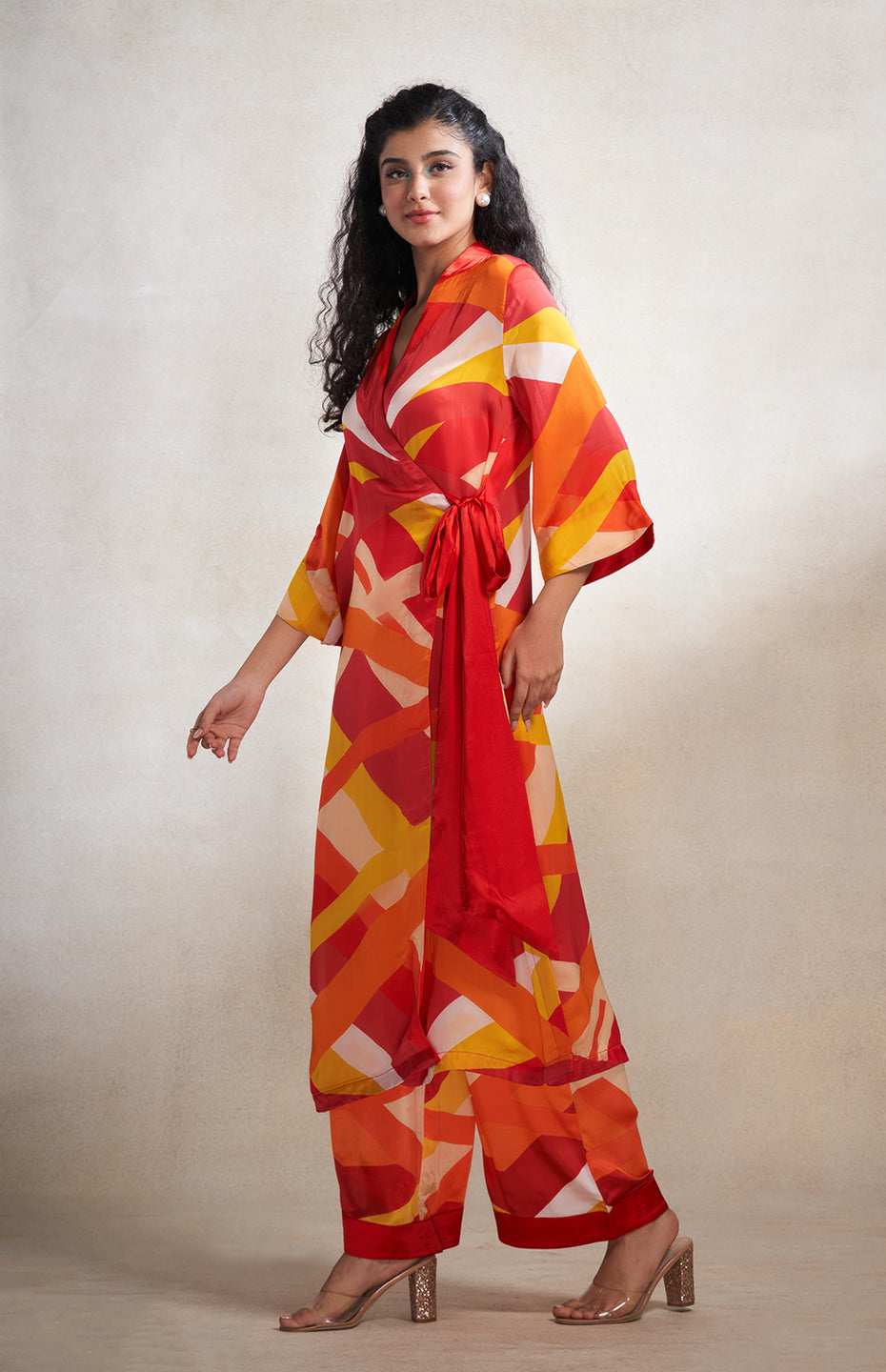 Red & Orange Abstract Wrap Dress