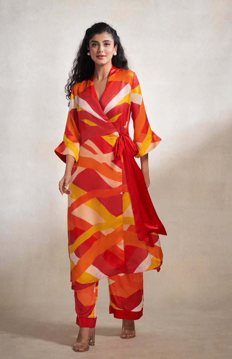 Red & Orange Abstract Wrap Dress