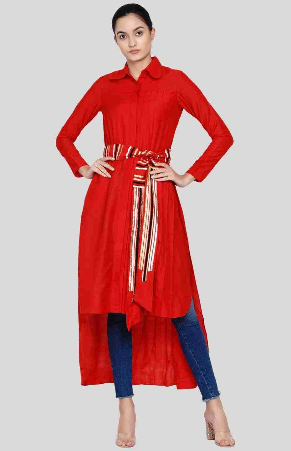 Red Asymmetrical Pleated Tunic