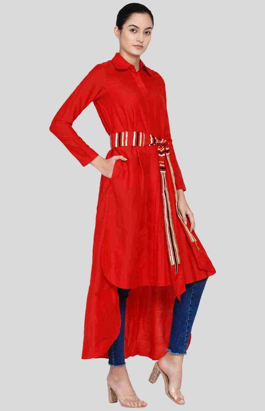 Red Asymmetrical Pleated Tunic