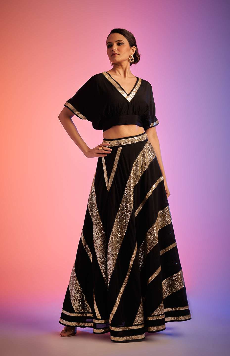 Black Sequins Balloon Sleeve Blouse