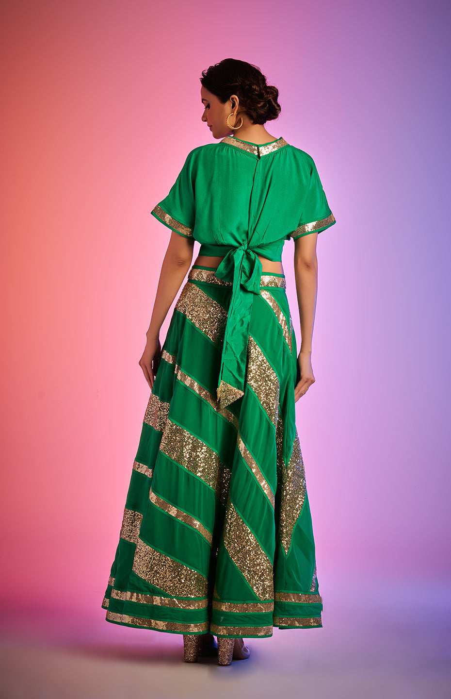 Green Sequins Balloon Sleeve Blouse