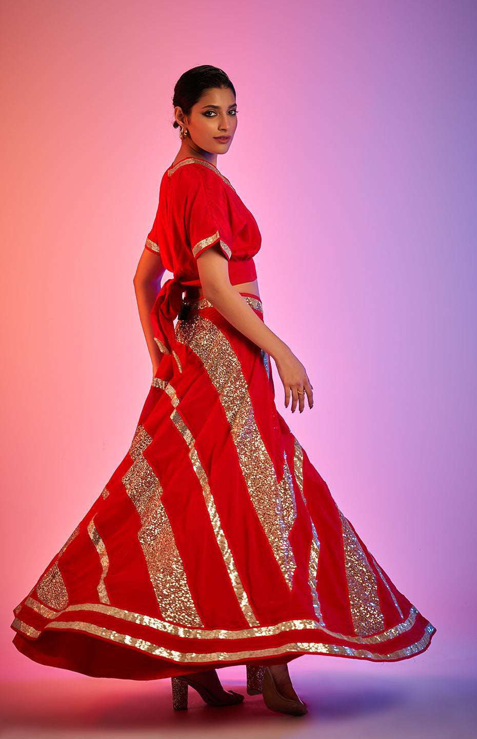 Red Sequins Balloon Sleeve Blouse