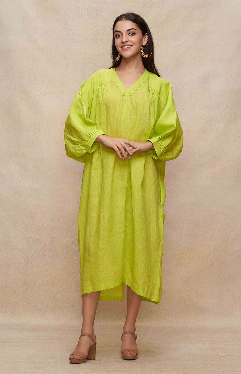 Green Linen Kaftan Dress