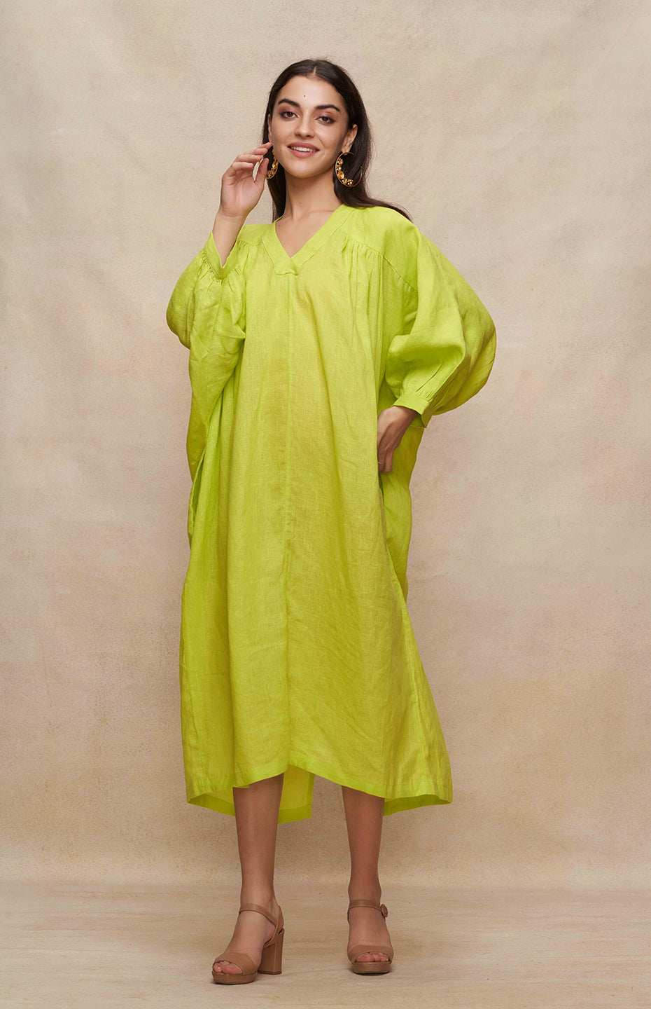 Green Linen Kaftan Dress