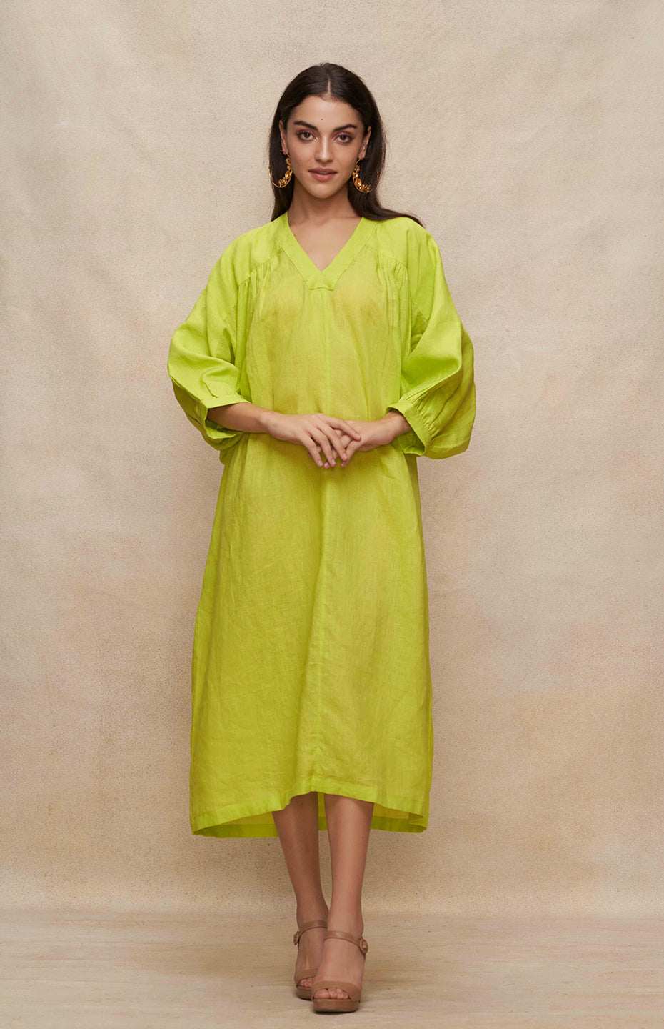 Green Linen Kaftan Dress