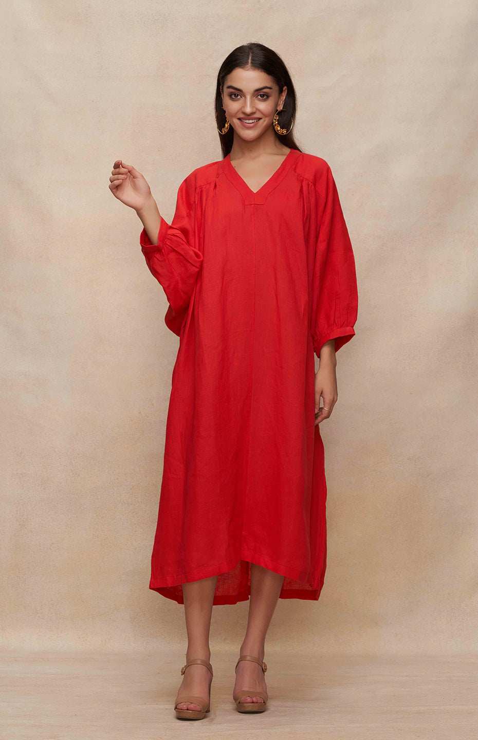 Red Linen Kaftan Dress