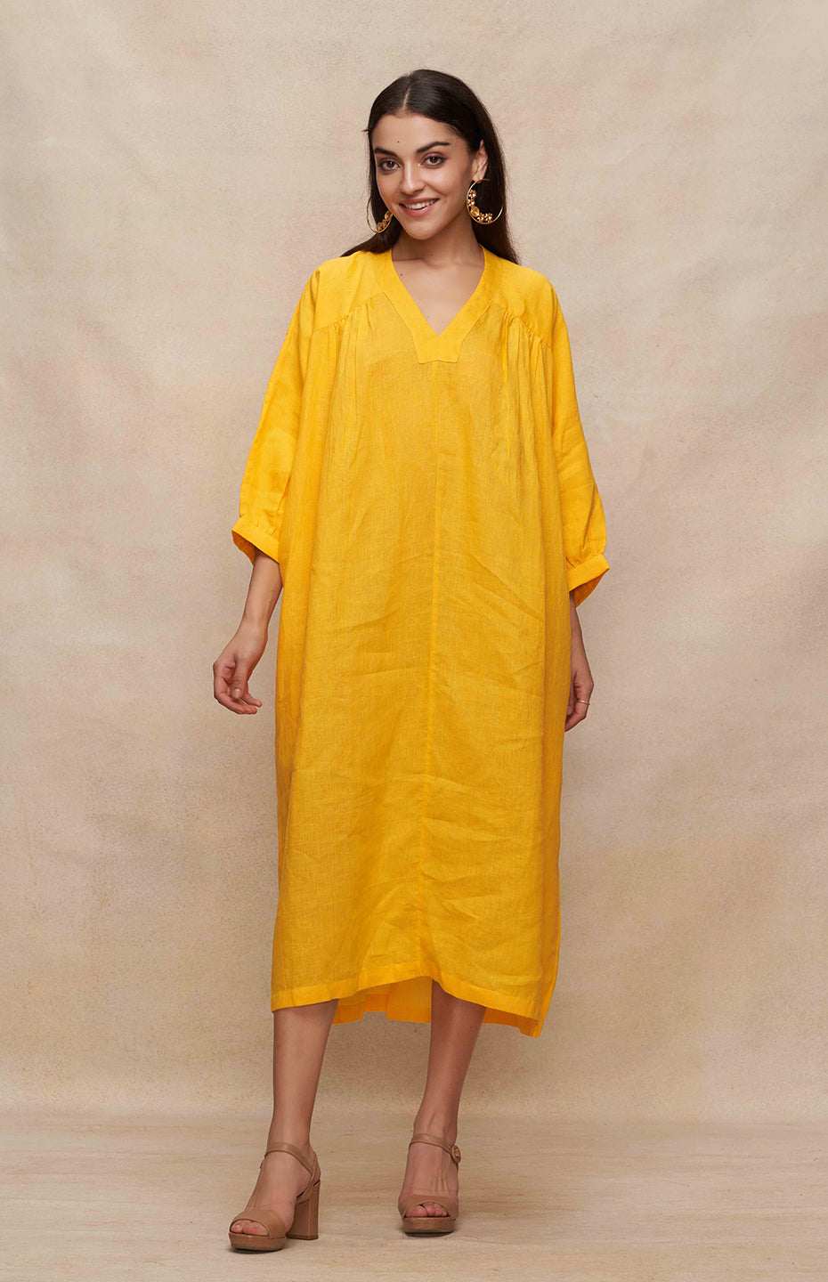 Yellow Linen Kaftan Dress