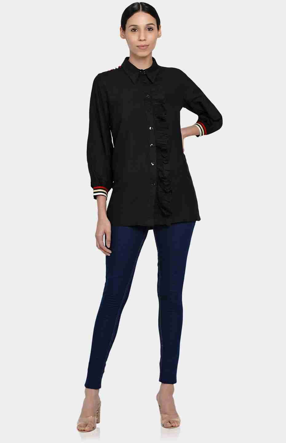 Black Gathered Placket Shirt