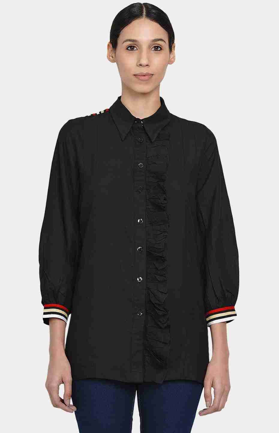 Black Gathered Placket Shirt