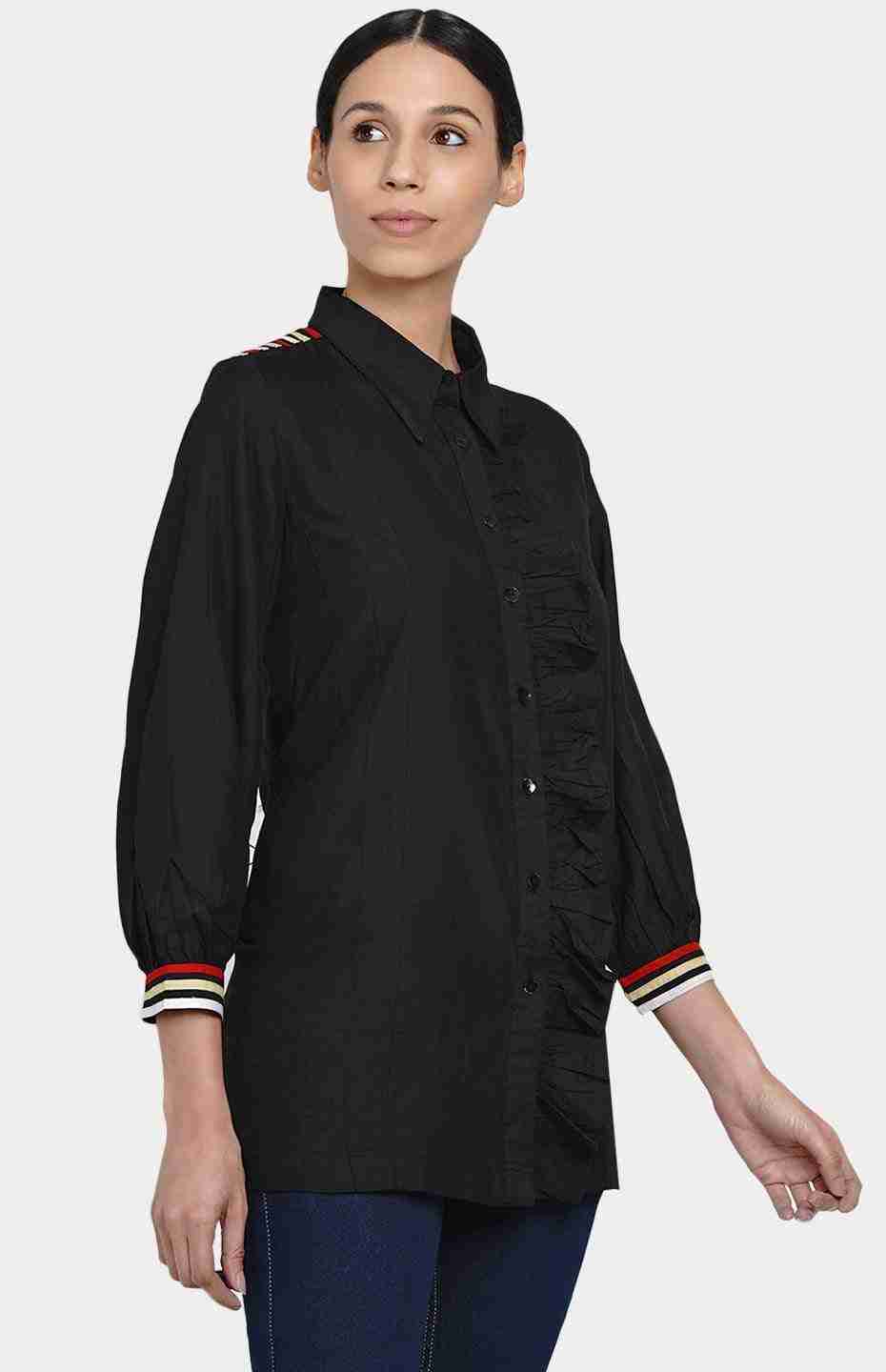 Black Gathered Placket Shirt