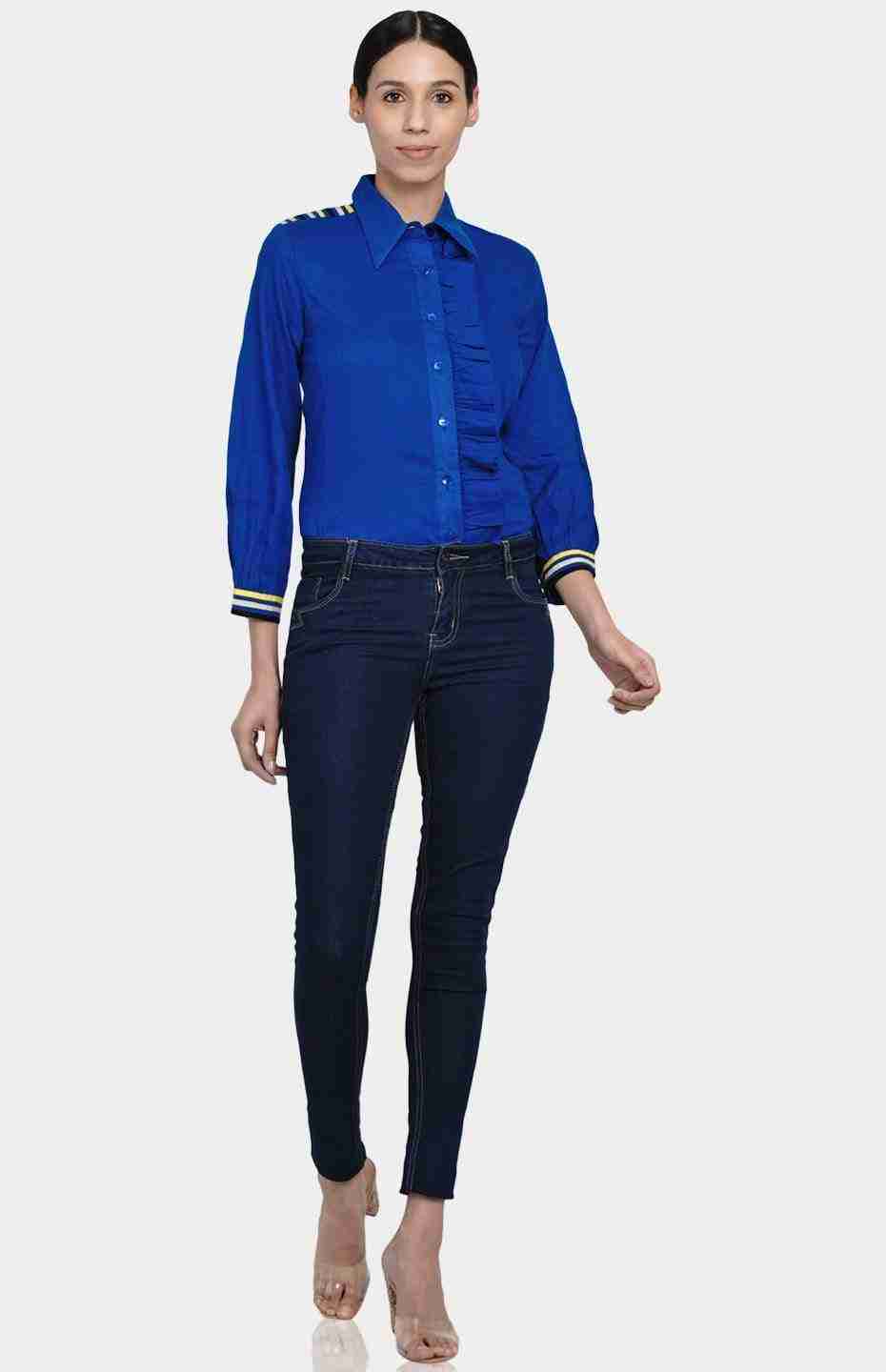 Blue Gathered Placket Shirt