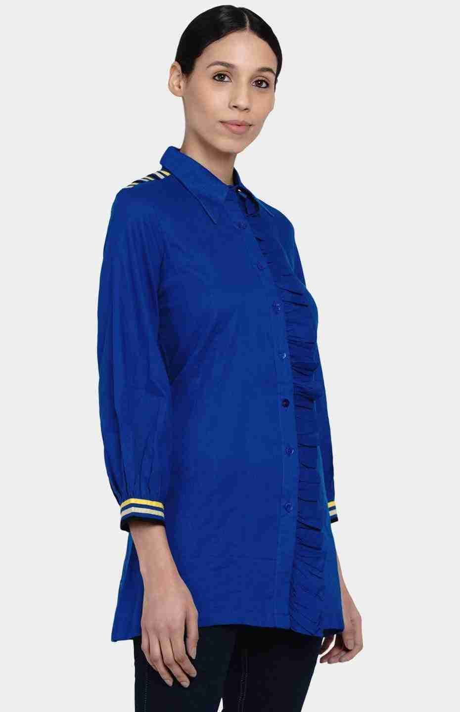 Blue Gathered Placket Shirt