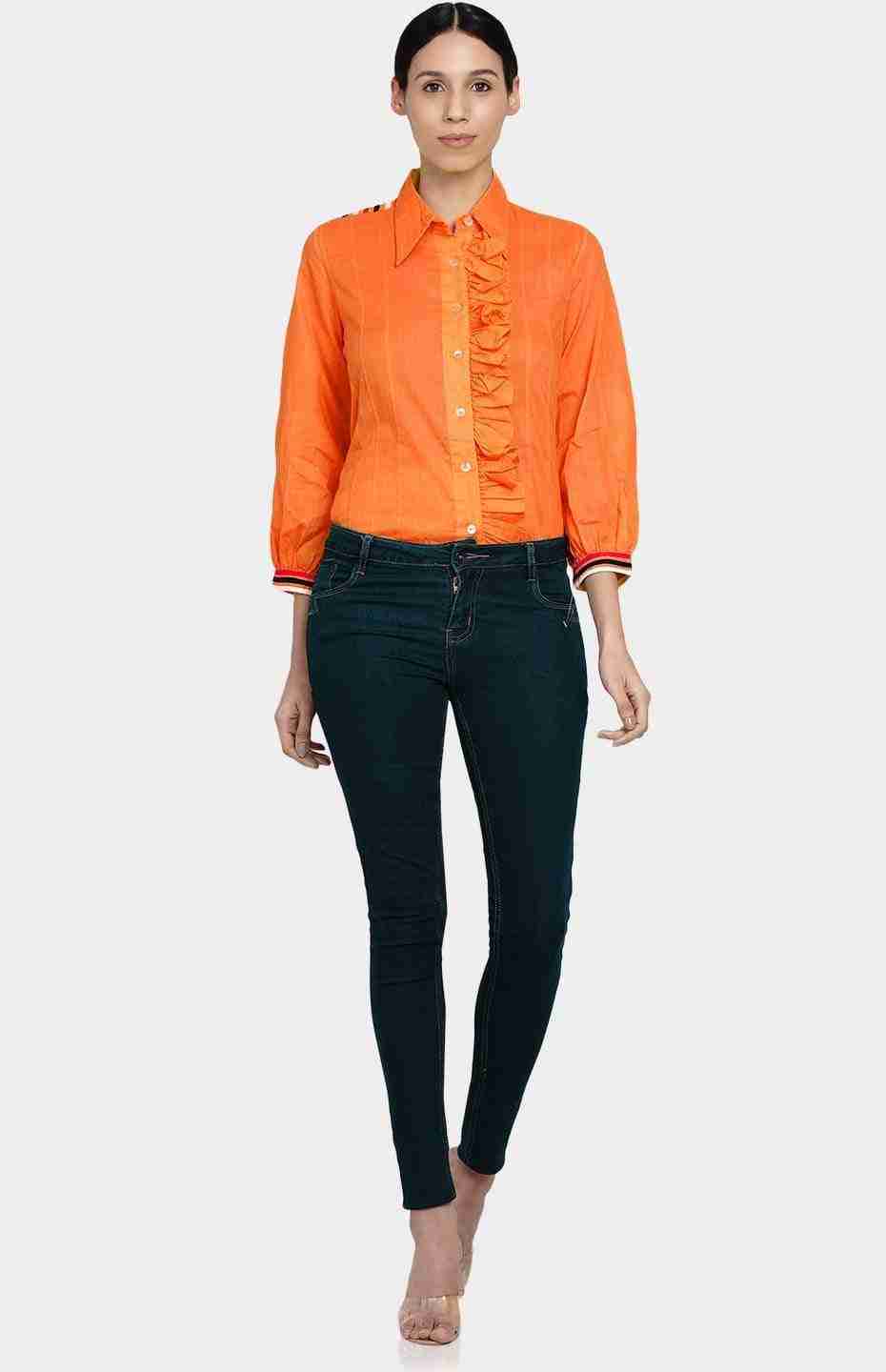 Orange Gathered Placket Shirt