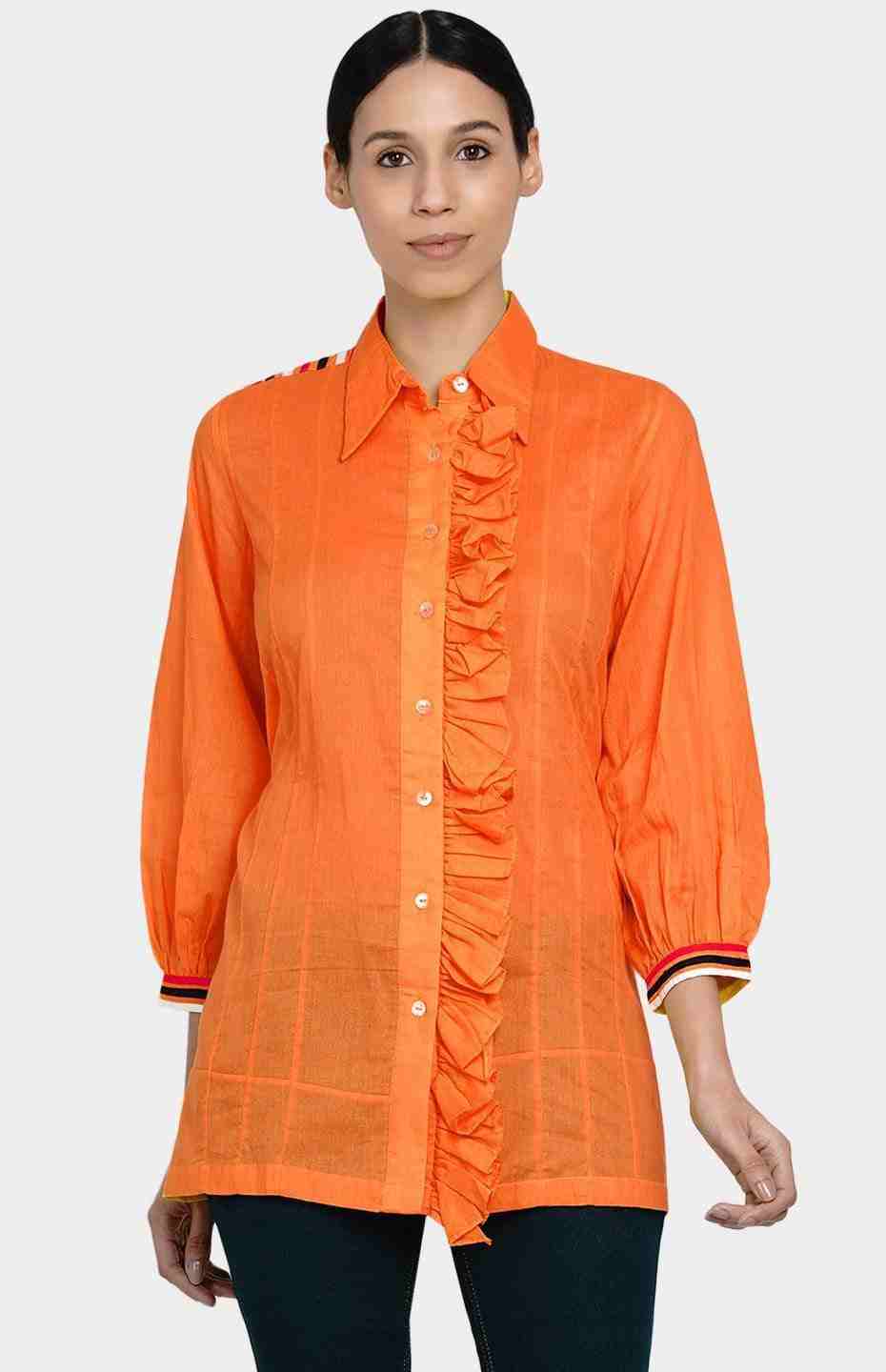 Orange Gathered Placket Shirt