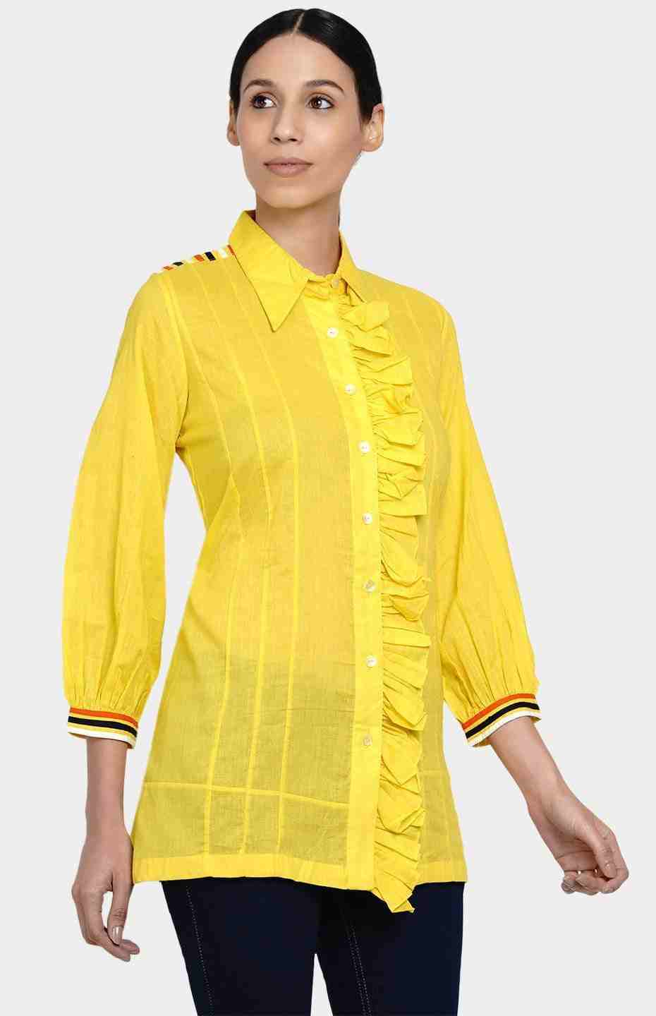 Yellow Gathered Placket Shirt