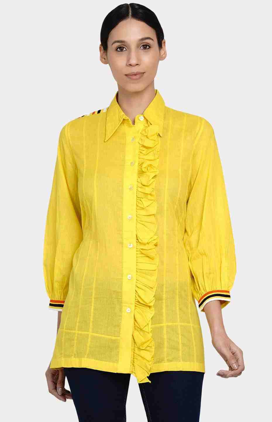 Yellow Gathered Placket Shirt