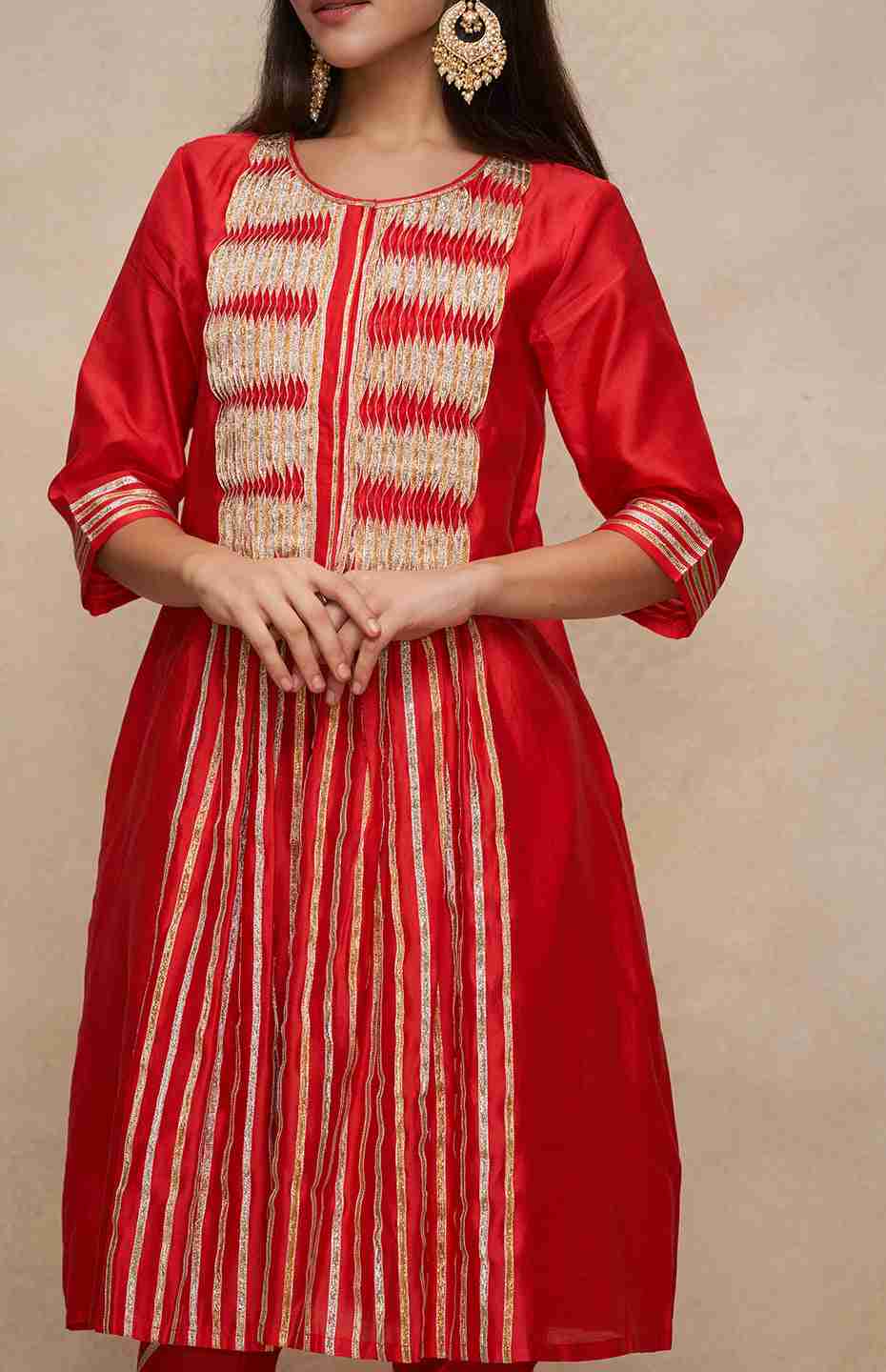 Red Gathered Gota Tunic