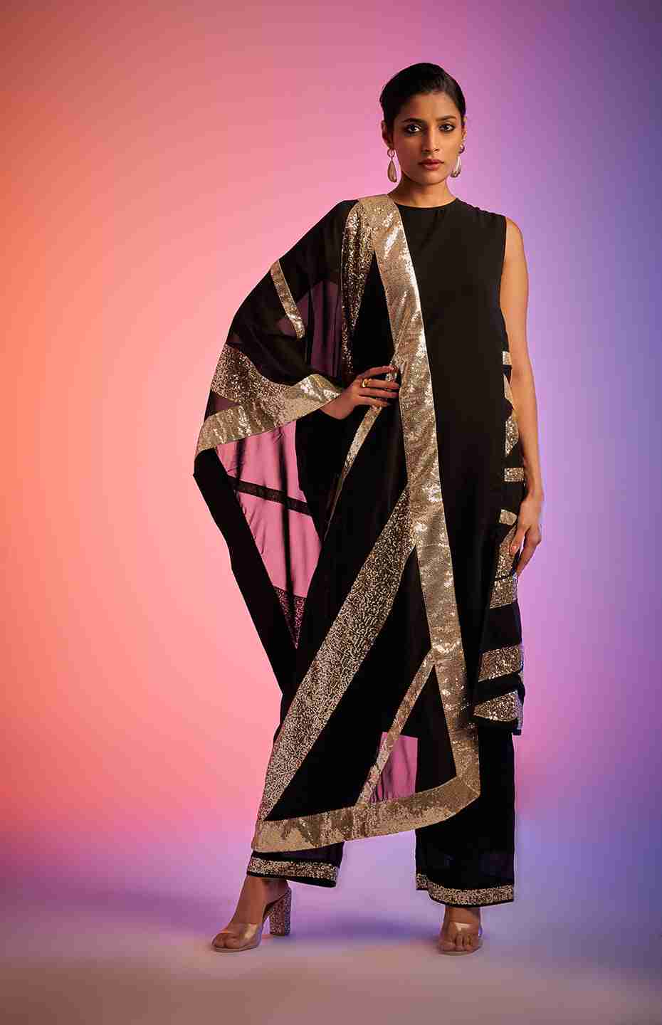 Black Sequins Sleeveless Kurta