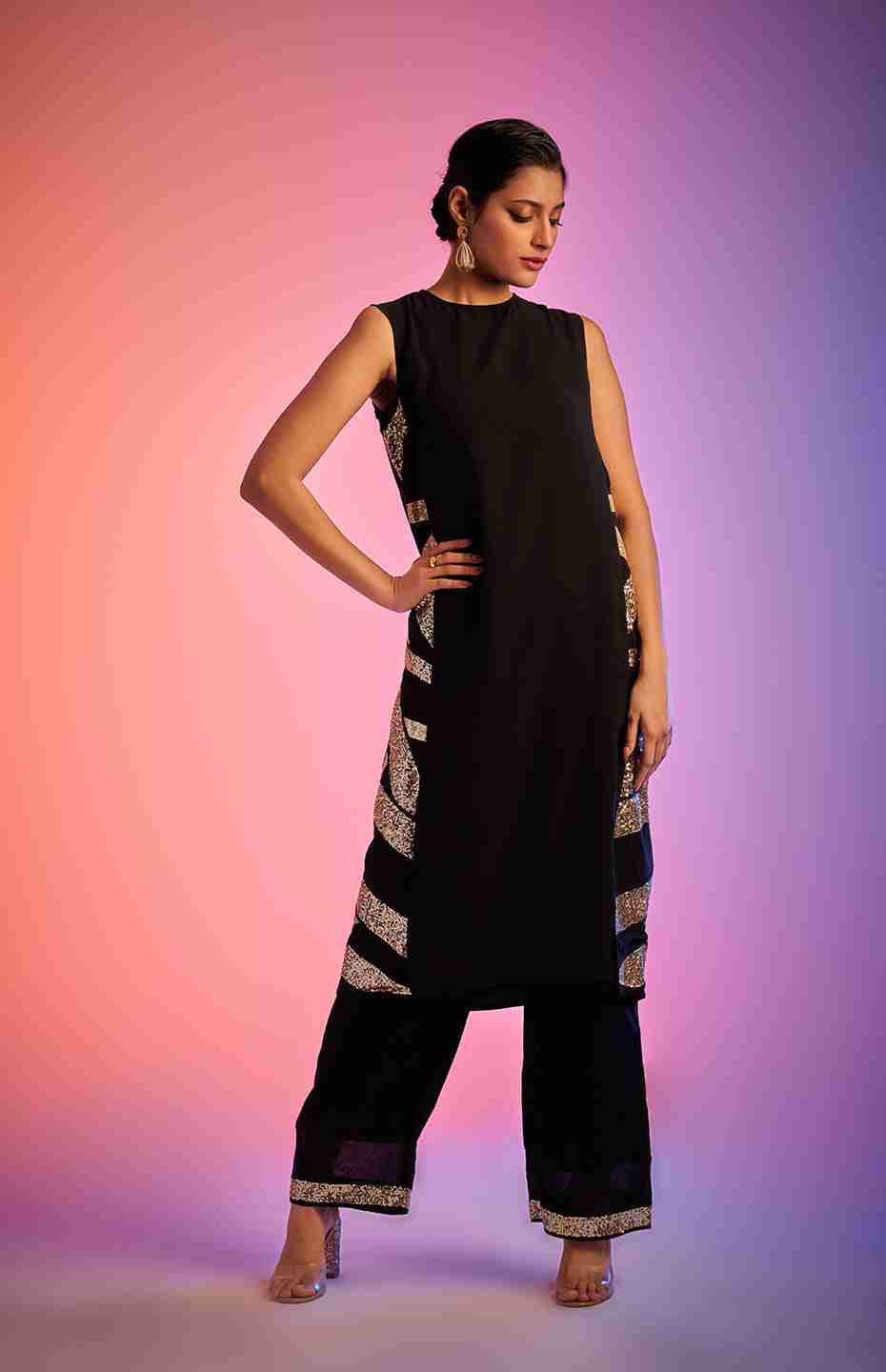 Black Sequins Sleeveless Kurta