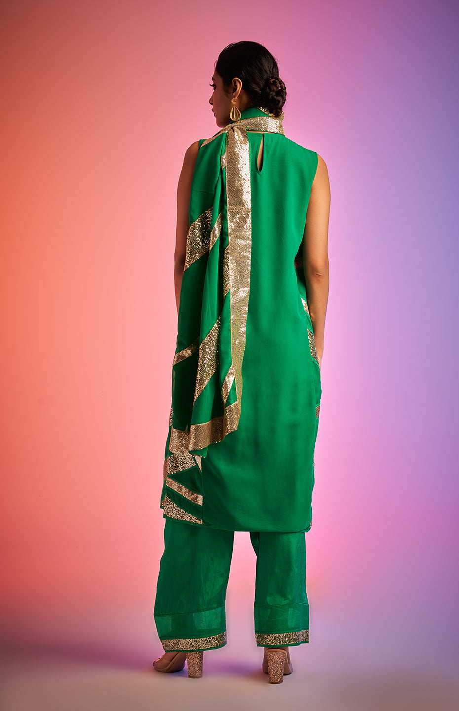 Green Sequins Sleeveless Kurta