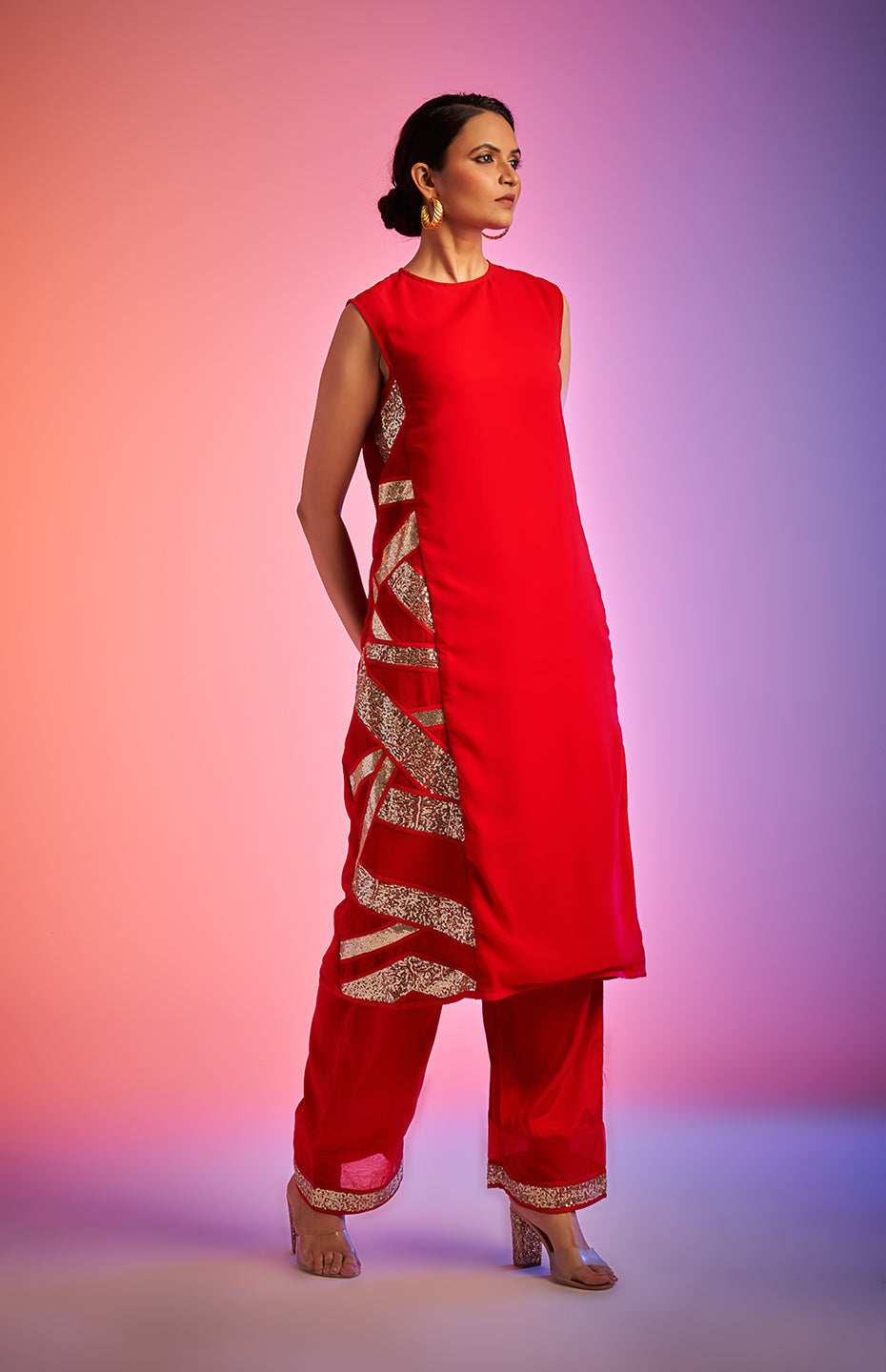 Red Sequins Sleeveless Kurta