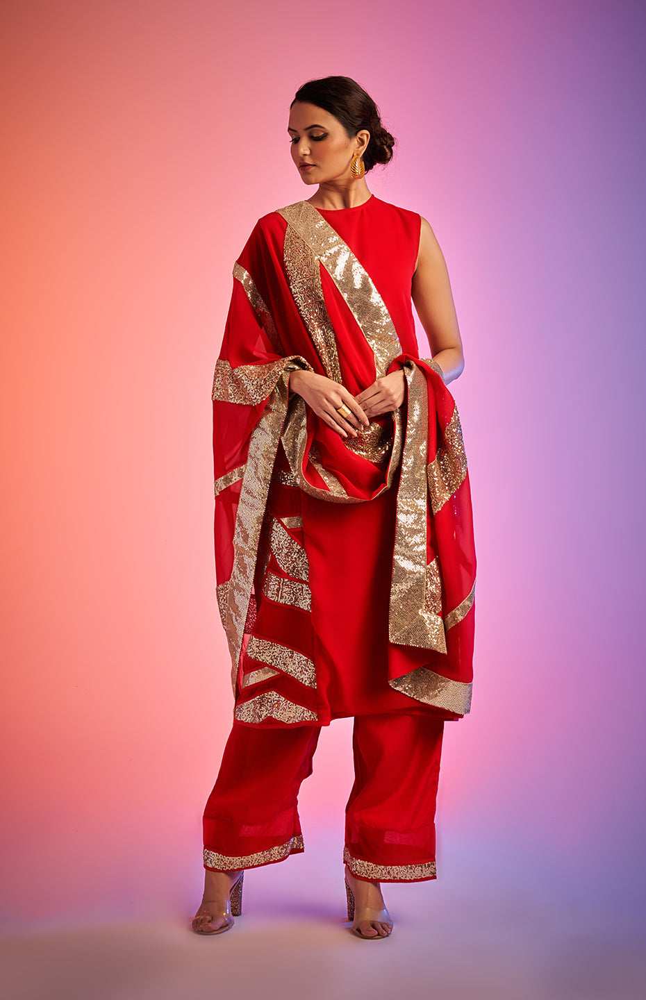 Red Sequins Sleeveless Kurta