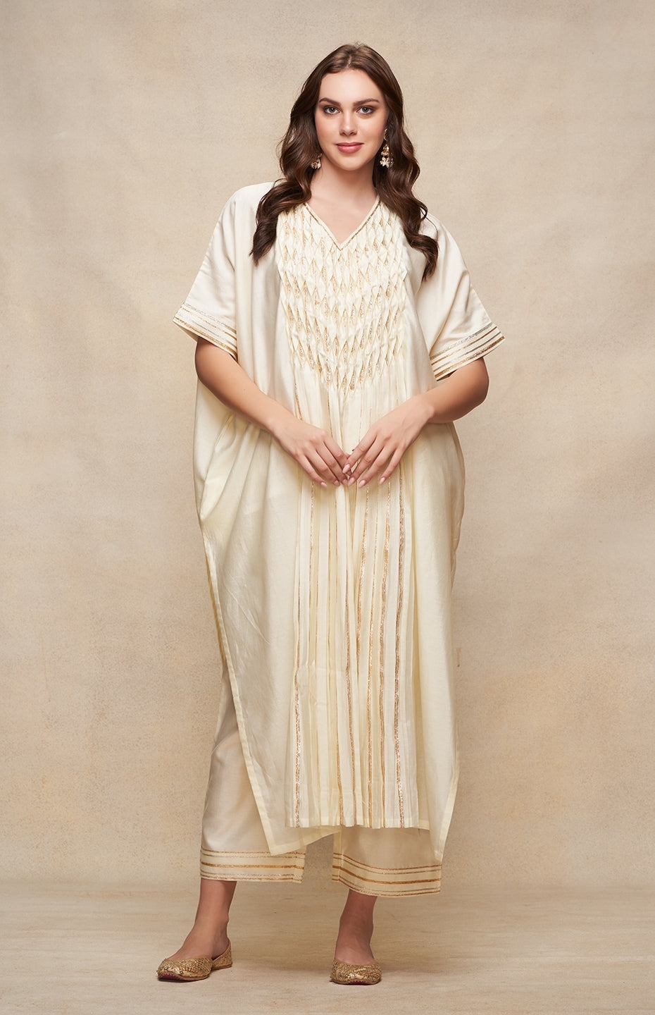 Off White Gota Pleated Kaftan