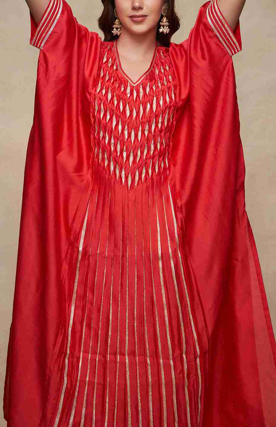 Red Gota Pleated Kaftan