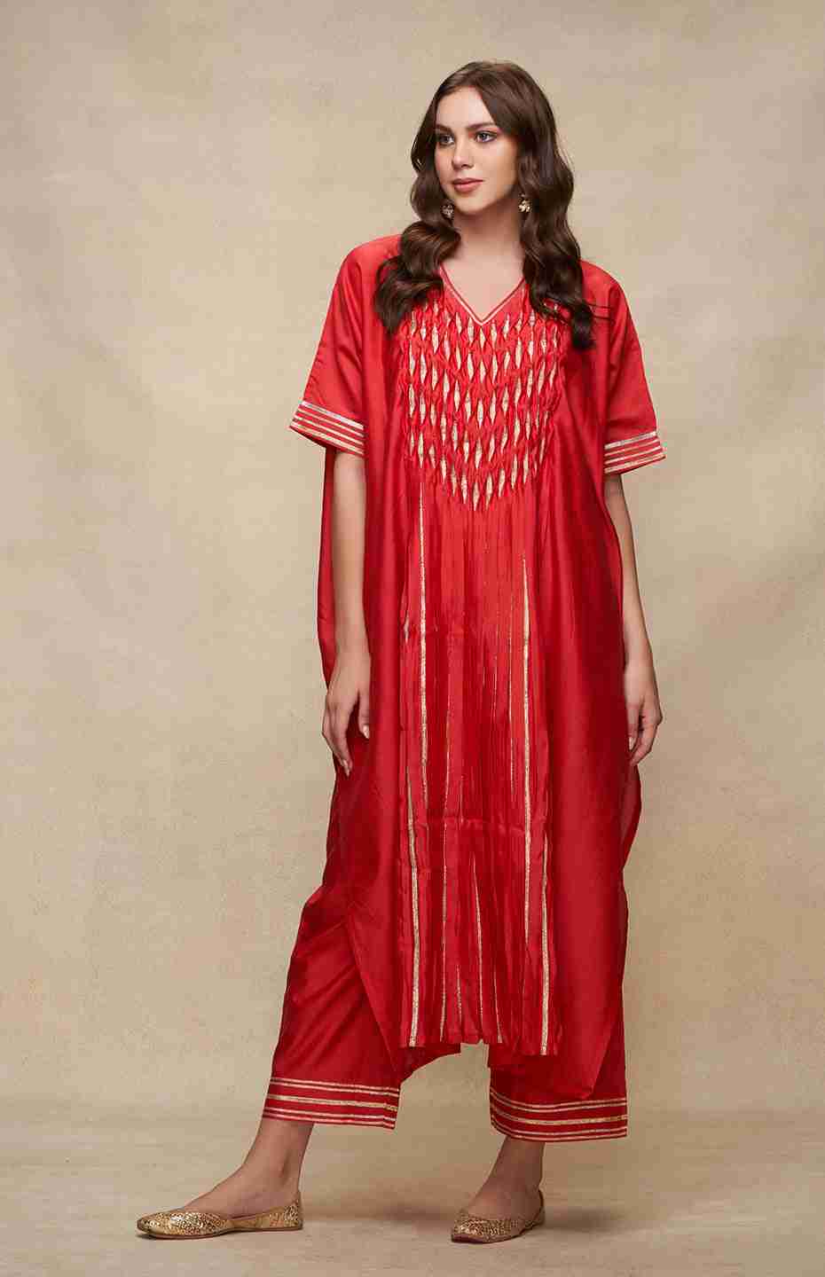 Red Gota Pleated Kaftan