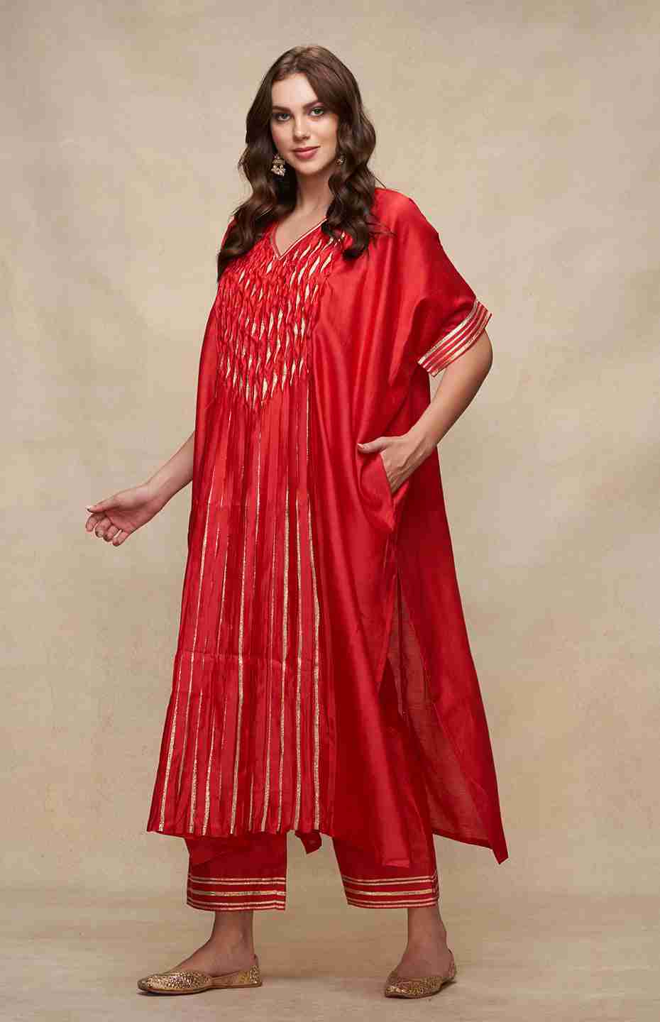 Red Gota Pleated Kaftan