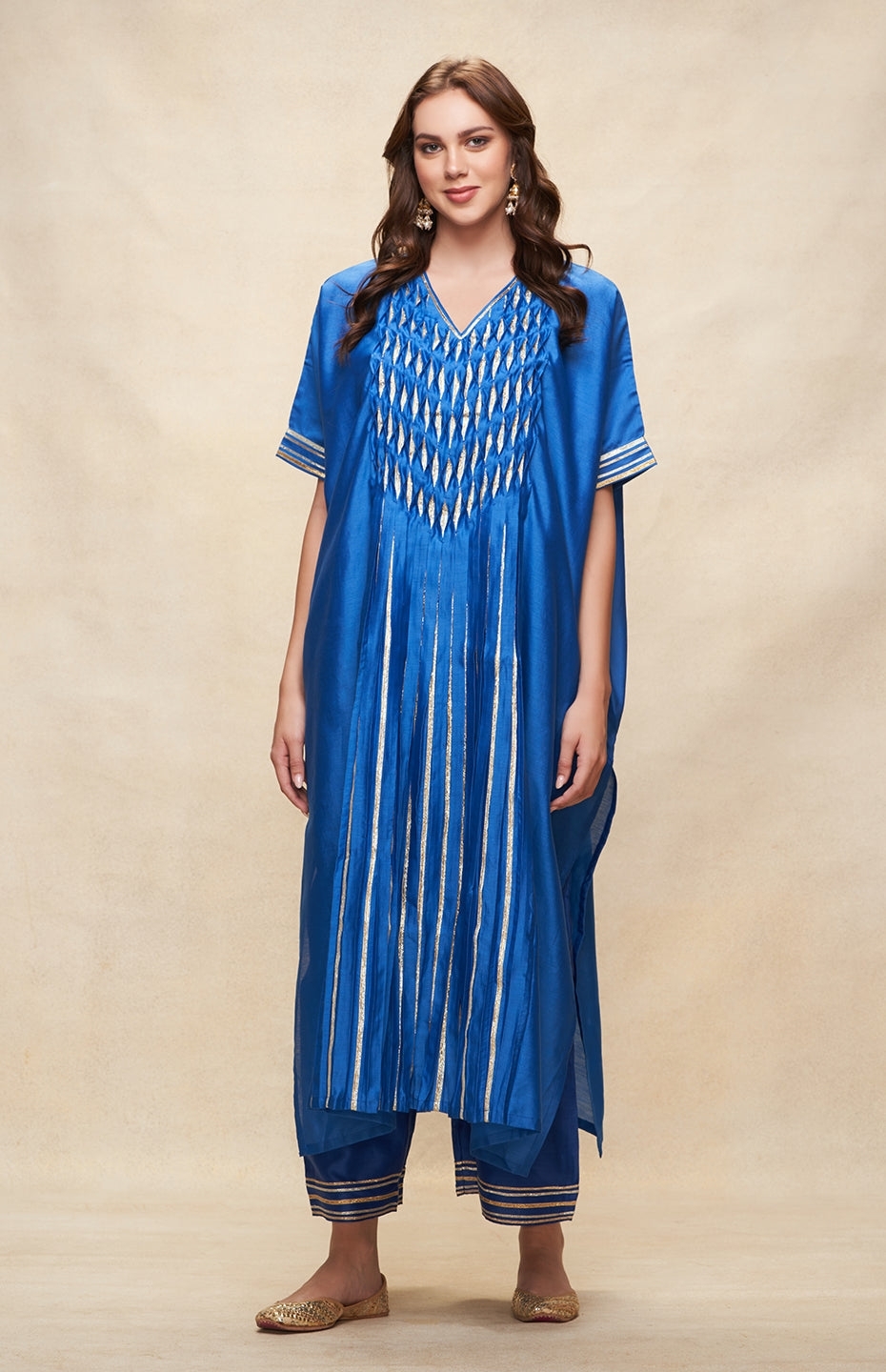 Royal Blue Gota Pleated Kaftan