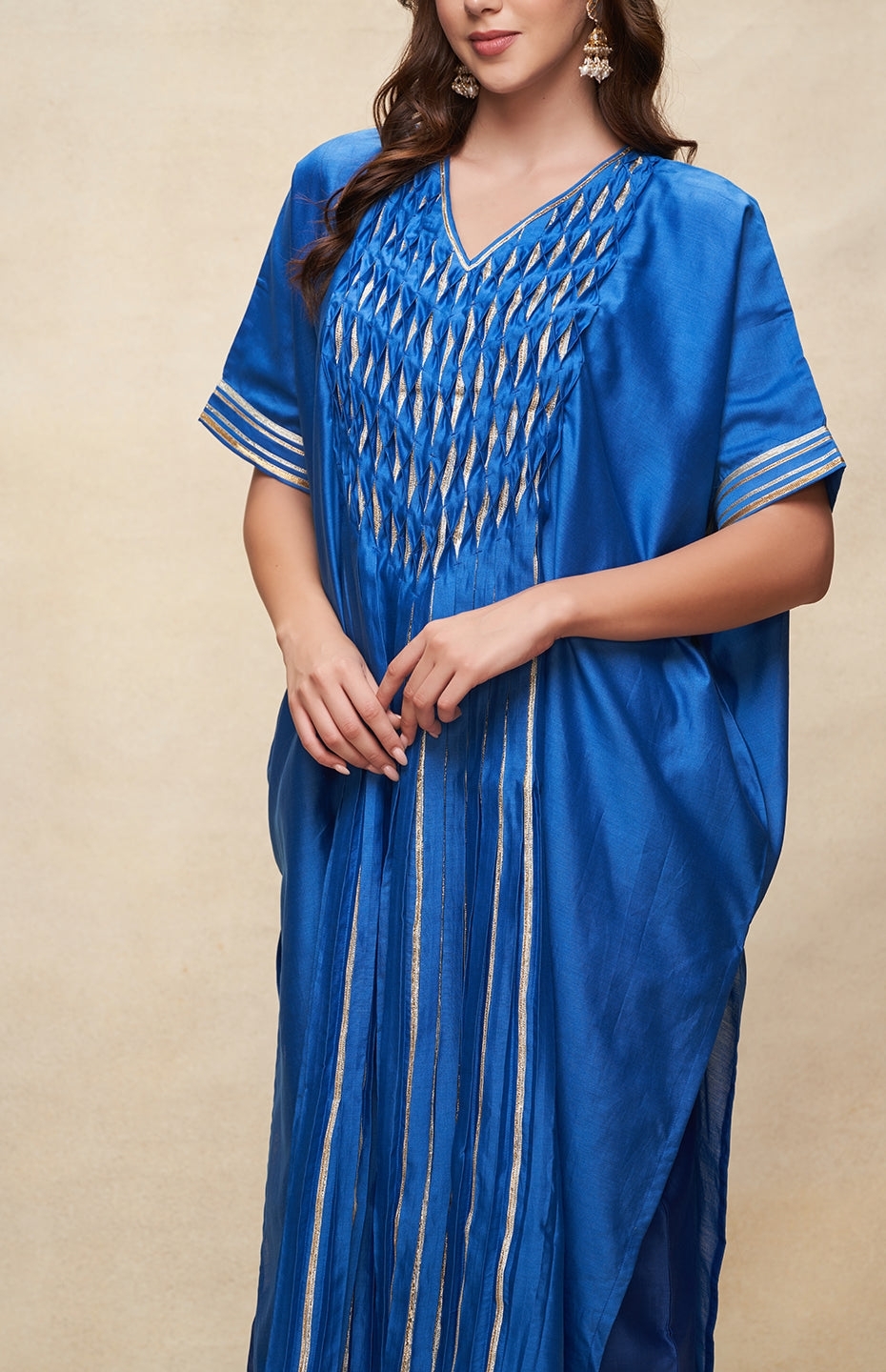 Royal Blue Gota Pleated Kaftan