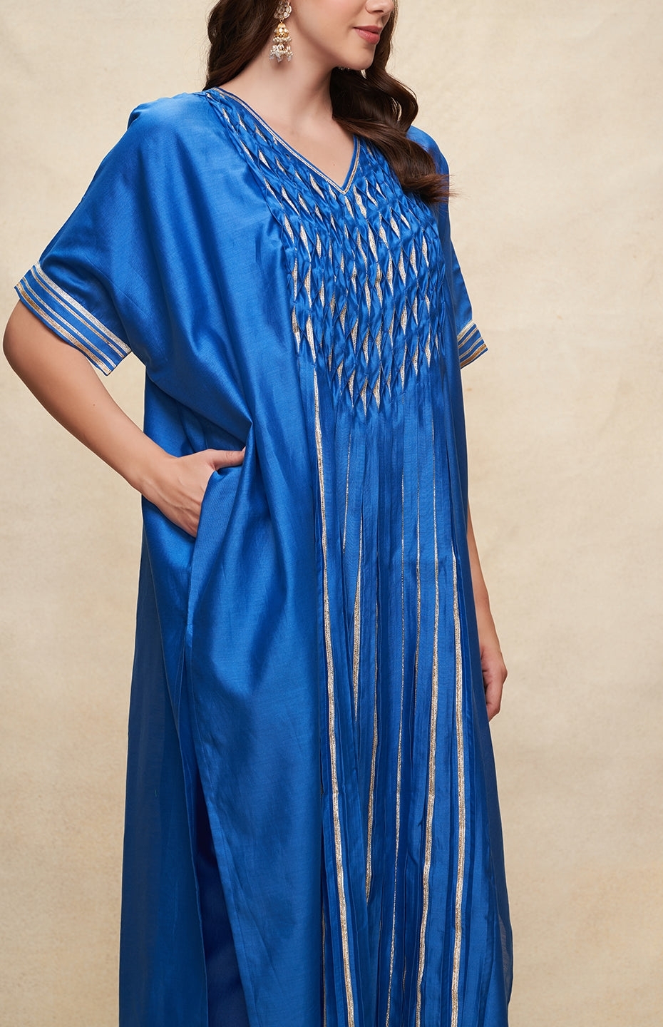 Royal Blue Gota Pleated Kaftan