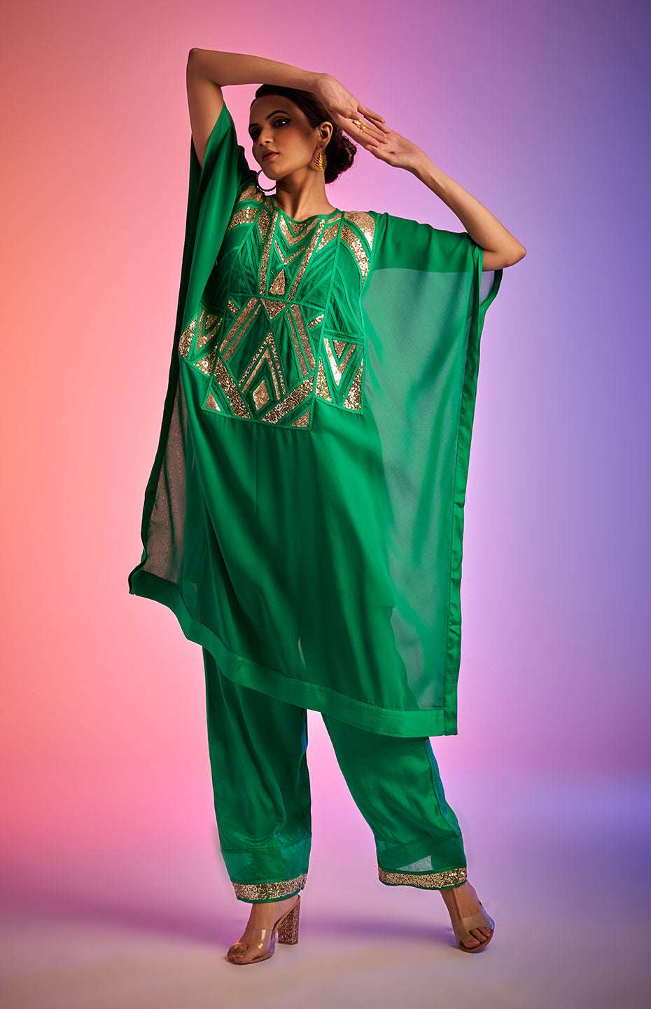 Green Sequins Kaftan Kurta