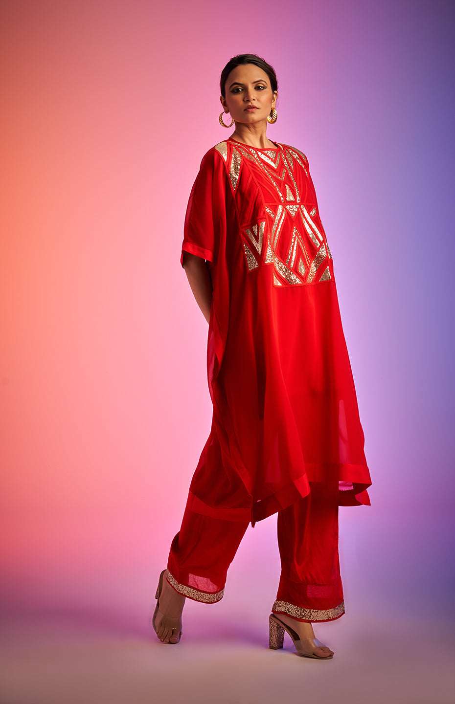 Red Sequins Kaftan Kurta