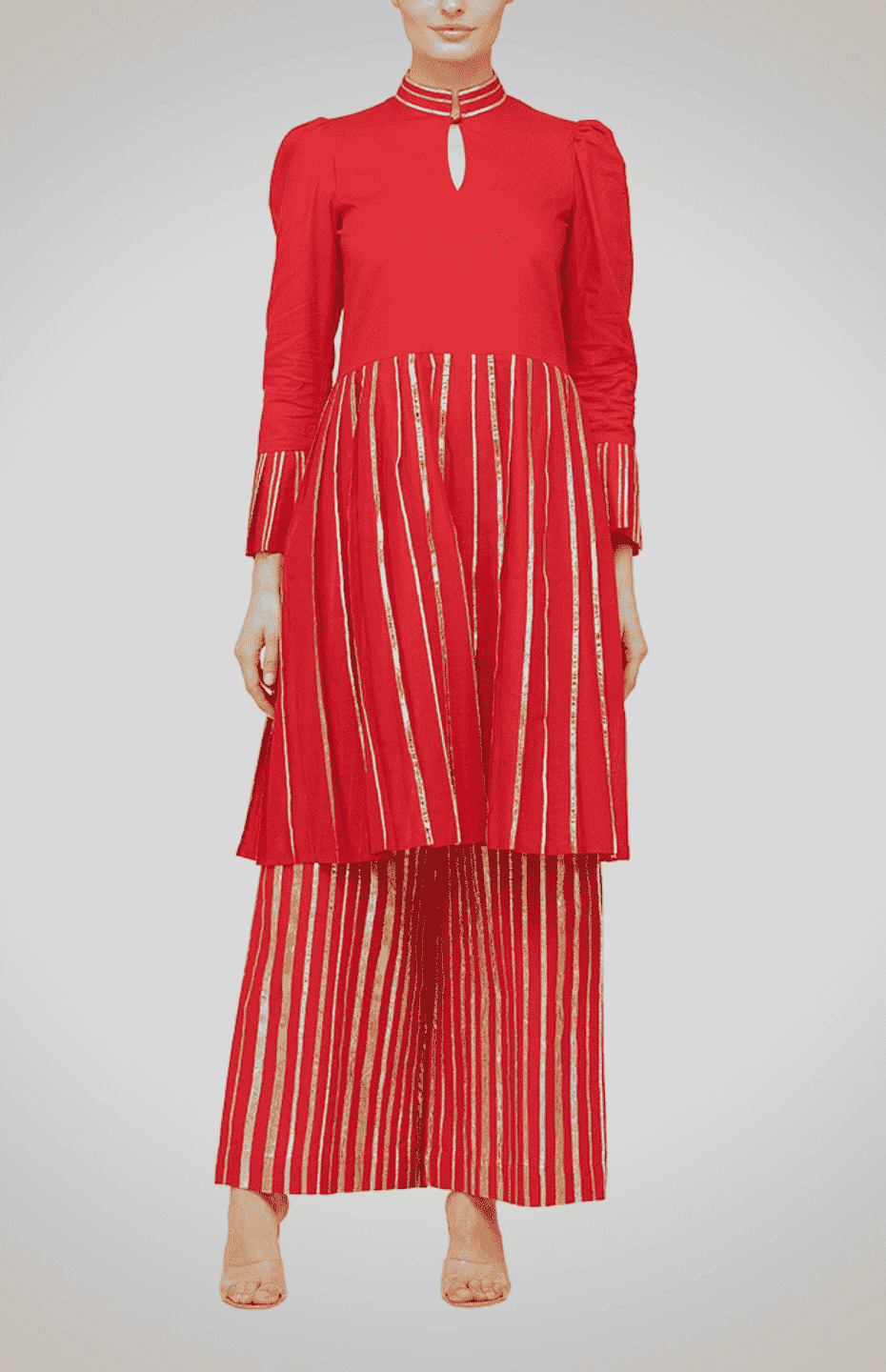Red Drop-Waist Pleated Tunic