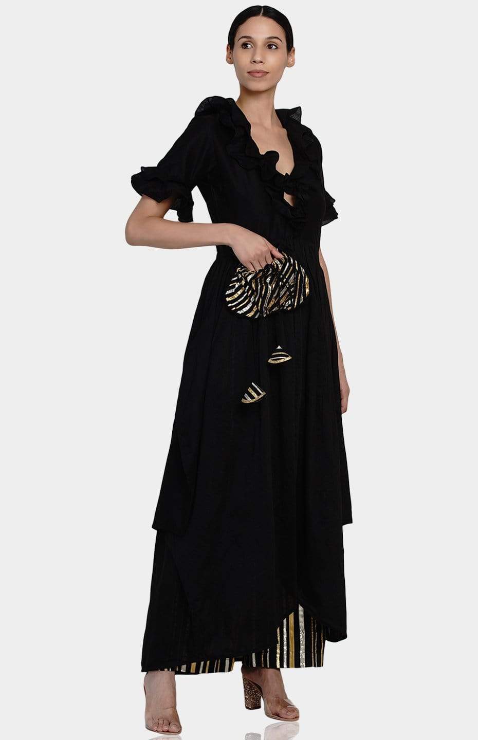 Black Ruffle Coat with Gota Potli