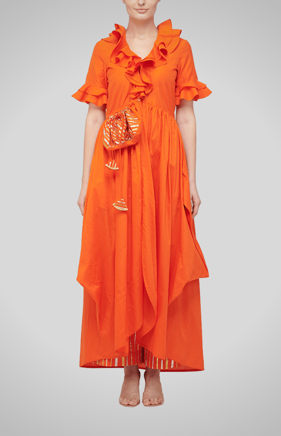 Orange Ruffle Coat with Gota Potli