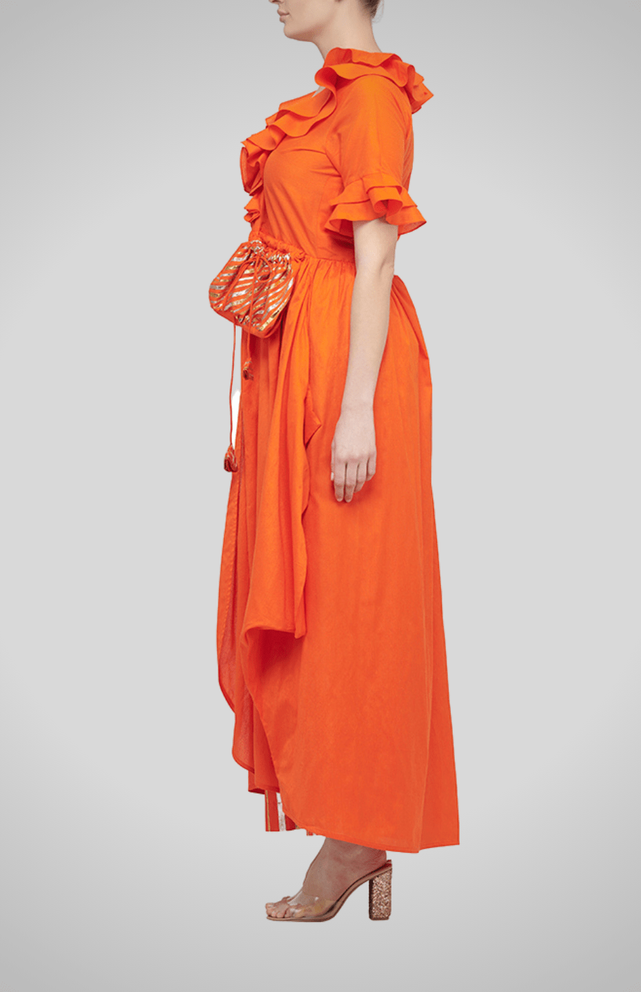 Orange Ruffle Coat with Gota Potli