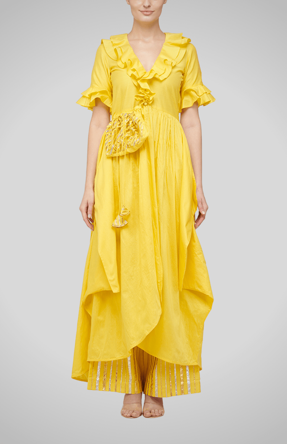 Yellow Ruffle Coat with Gota Potli