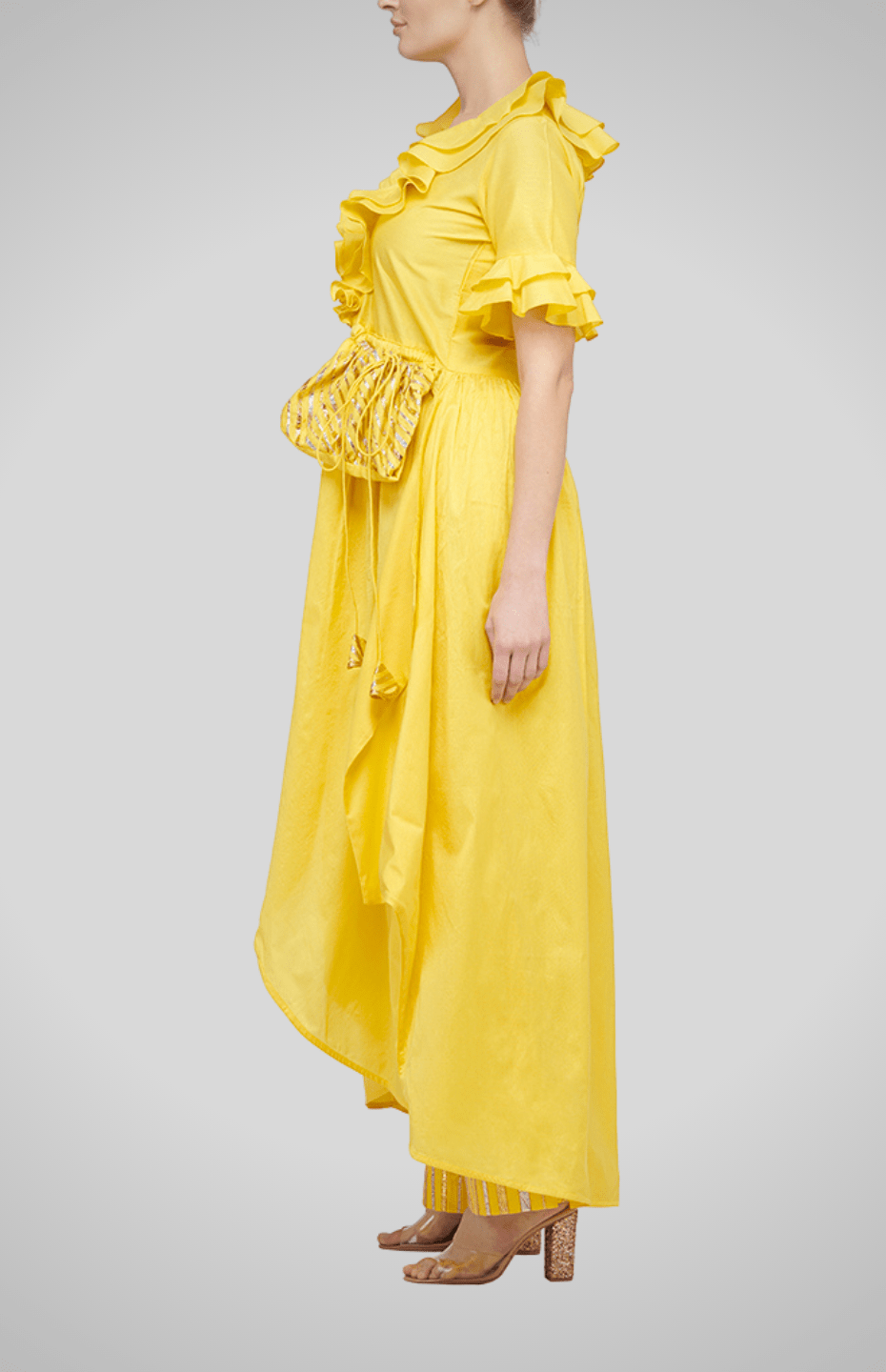 Yellow Ruffle Coat with Gota Potli